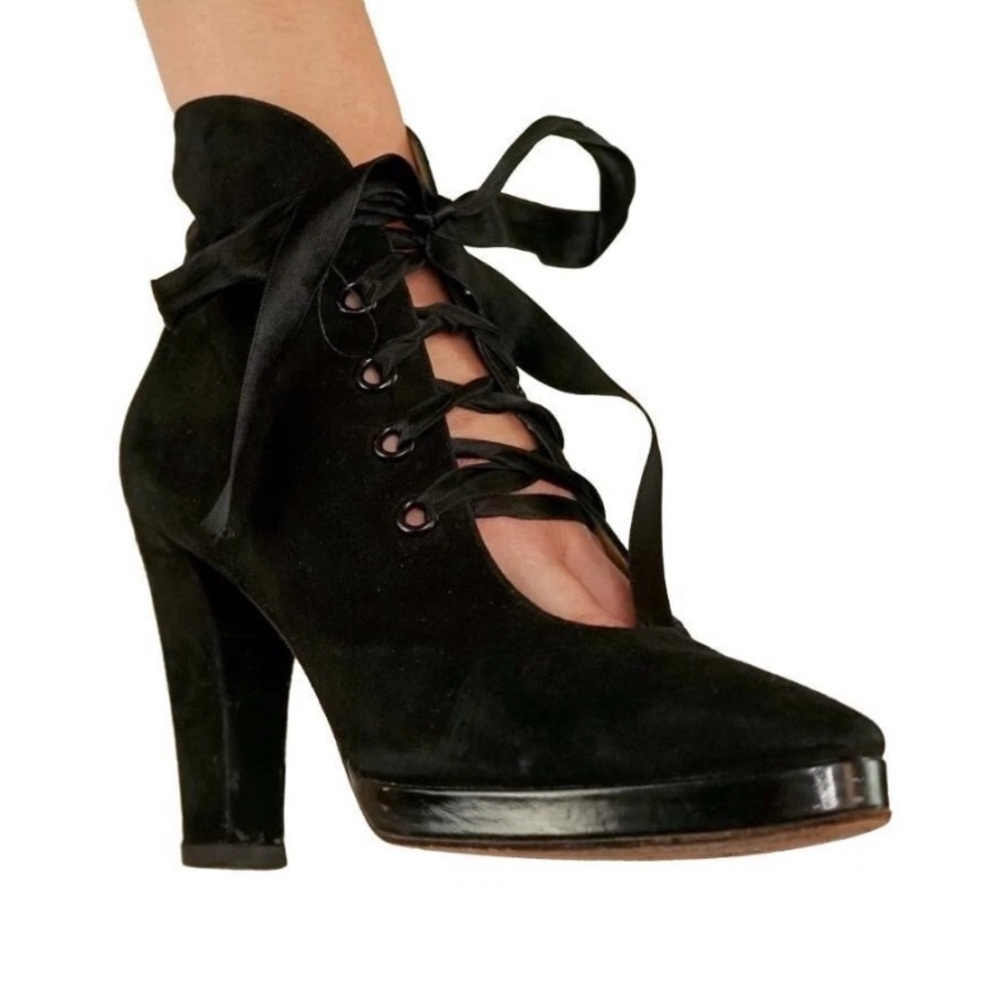 Yves Saint Laurent YSL Sz 9 Black Sude Silk Lace Up Ankle Heel Boots with Box - Picture 2 of 14
